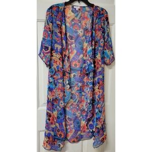 LuLaRoe Shirley Long Kimono Small S Blue Pink Geometric Sheer Chiffon NEW NWOT